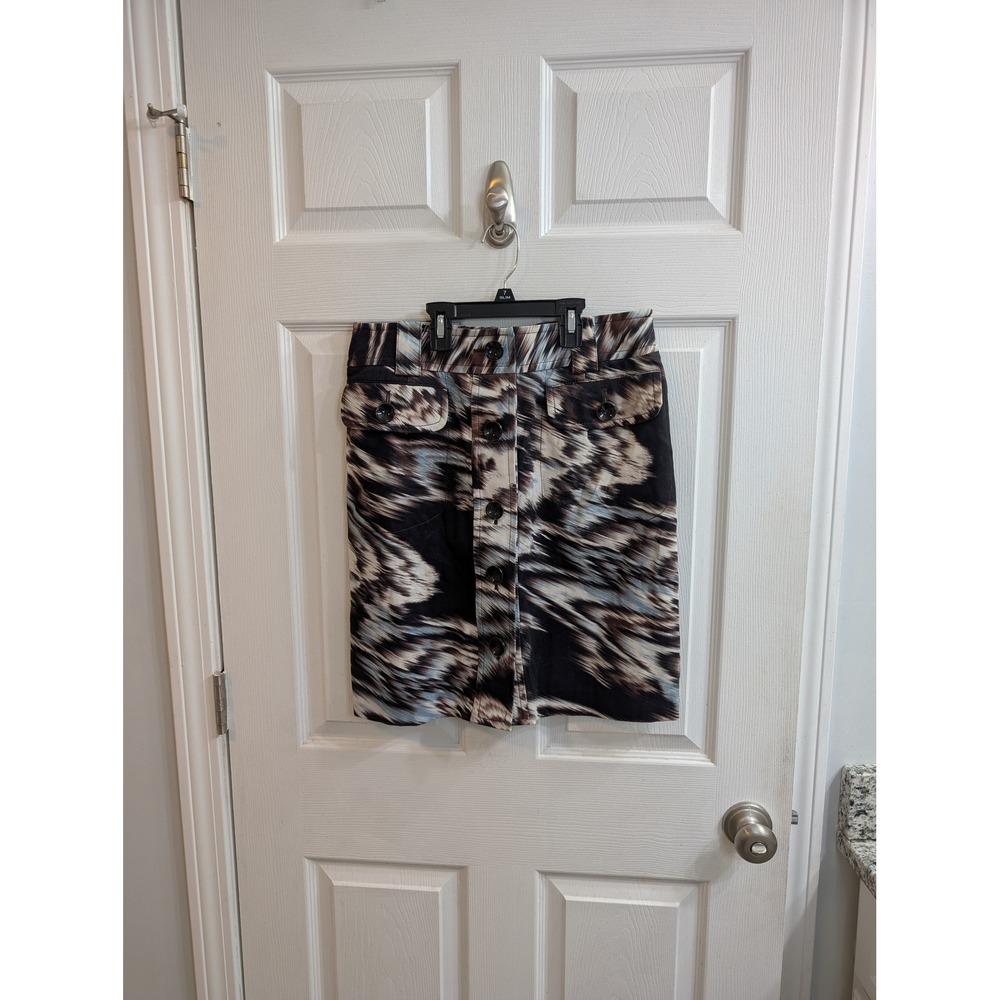 Etcetera Abstract Ikat Print Button Front Pencil Skirt Black Blue Brown - Size 6